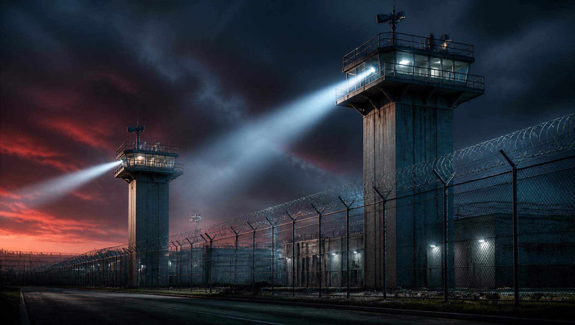 Two lit prison guard towers with searchlights over a razor-wire fence at dusk